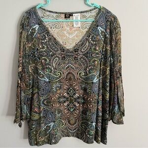 Bila Woman 3X Boho Green Medallion Print Blouse w/ Bell Sleeves & Rhinestones